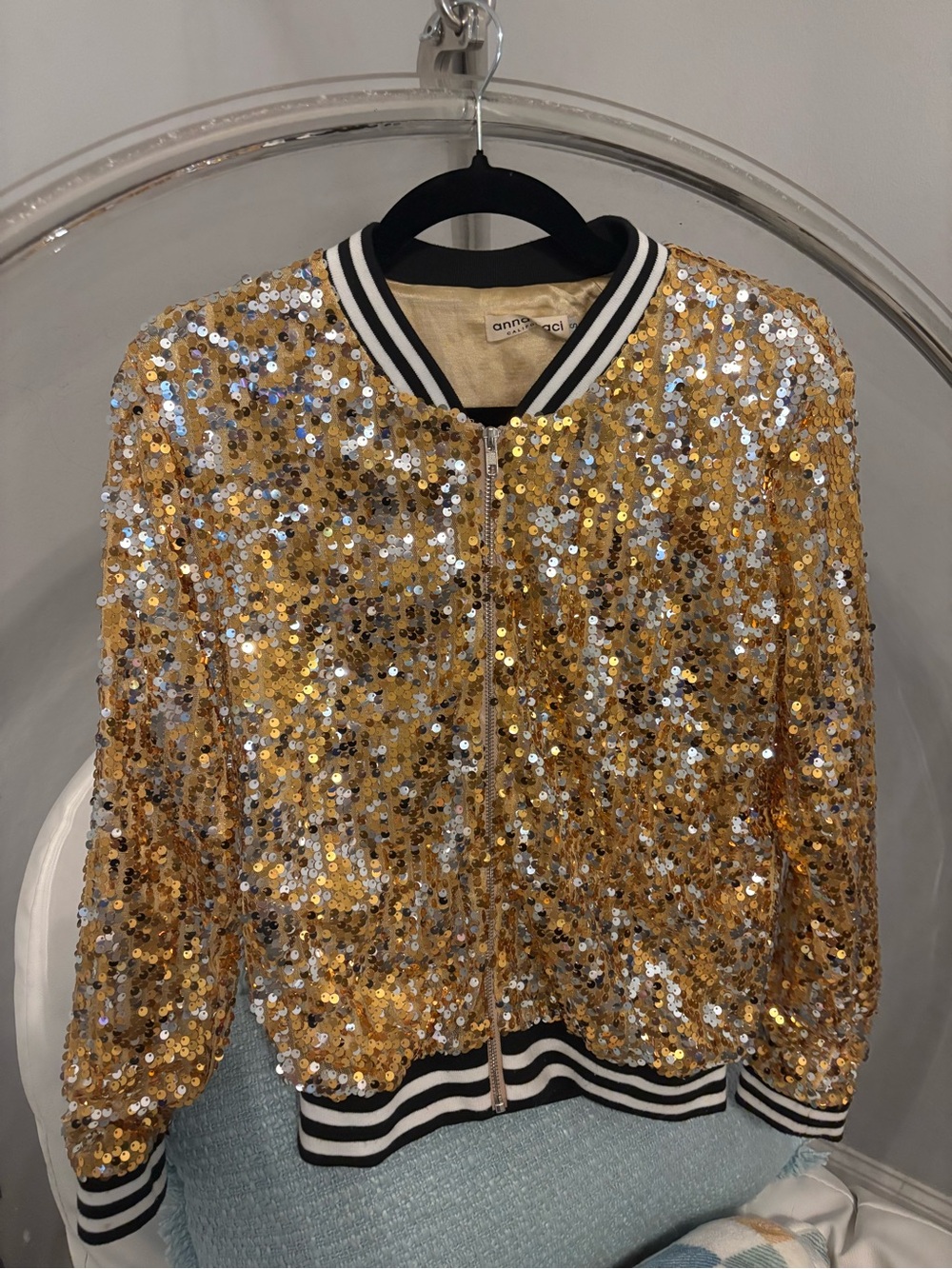 Gold Sequin Stripe Cuff Bomber Zip-Up Jacket Varsity